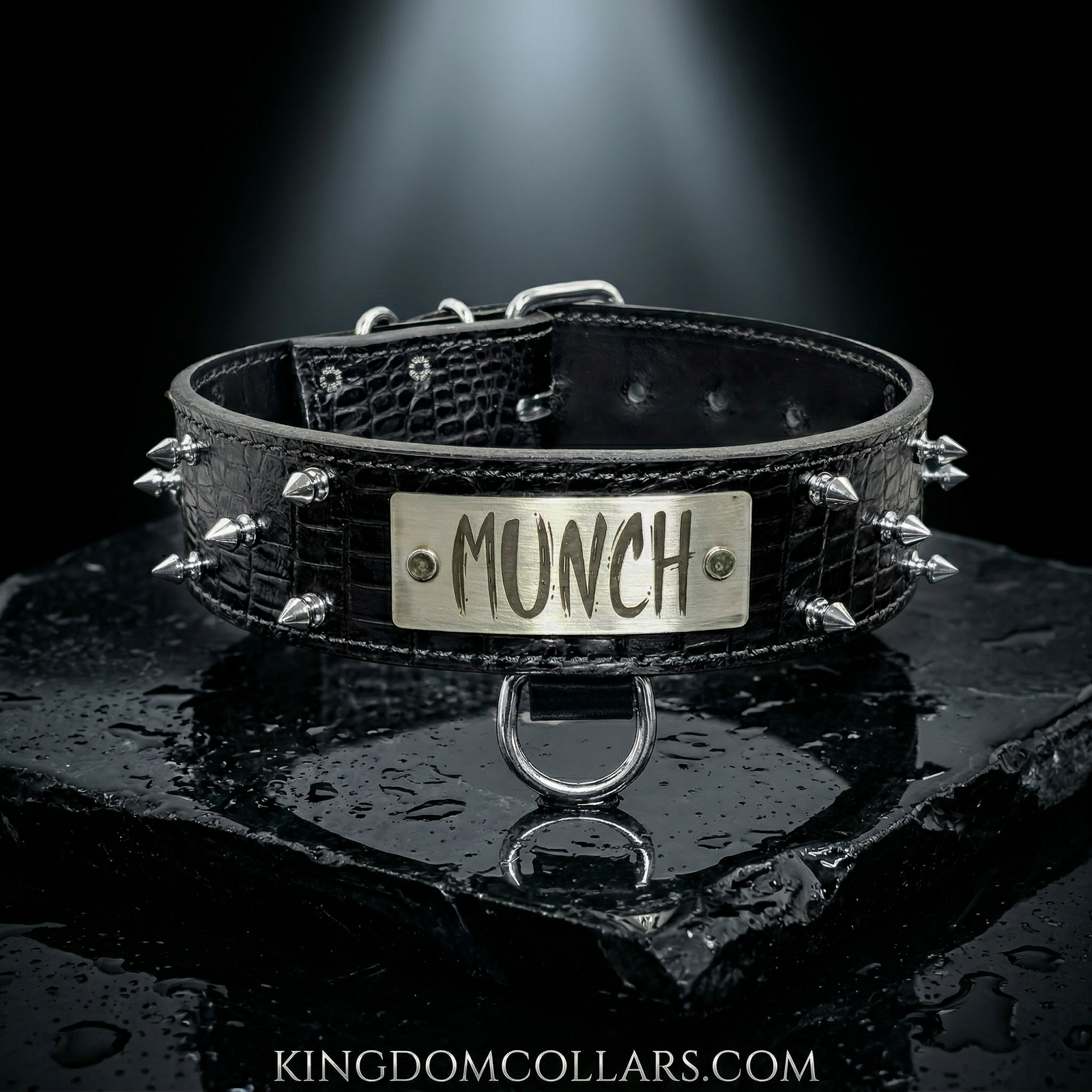 W46 - 2" Spiked Leather Dog Collar with Personalized Name Plate
