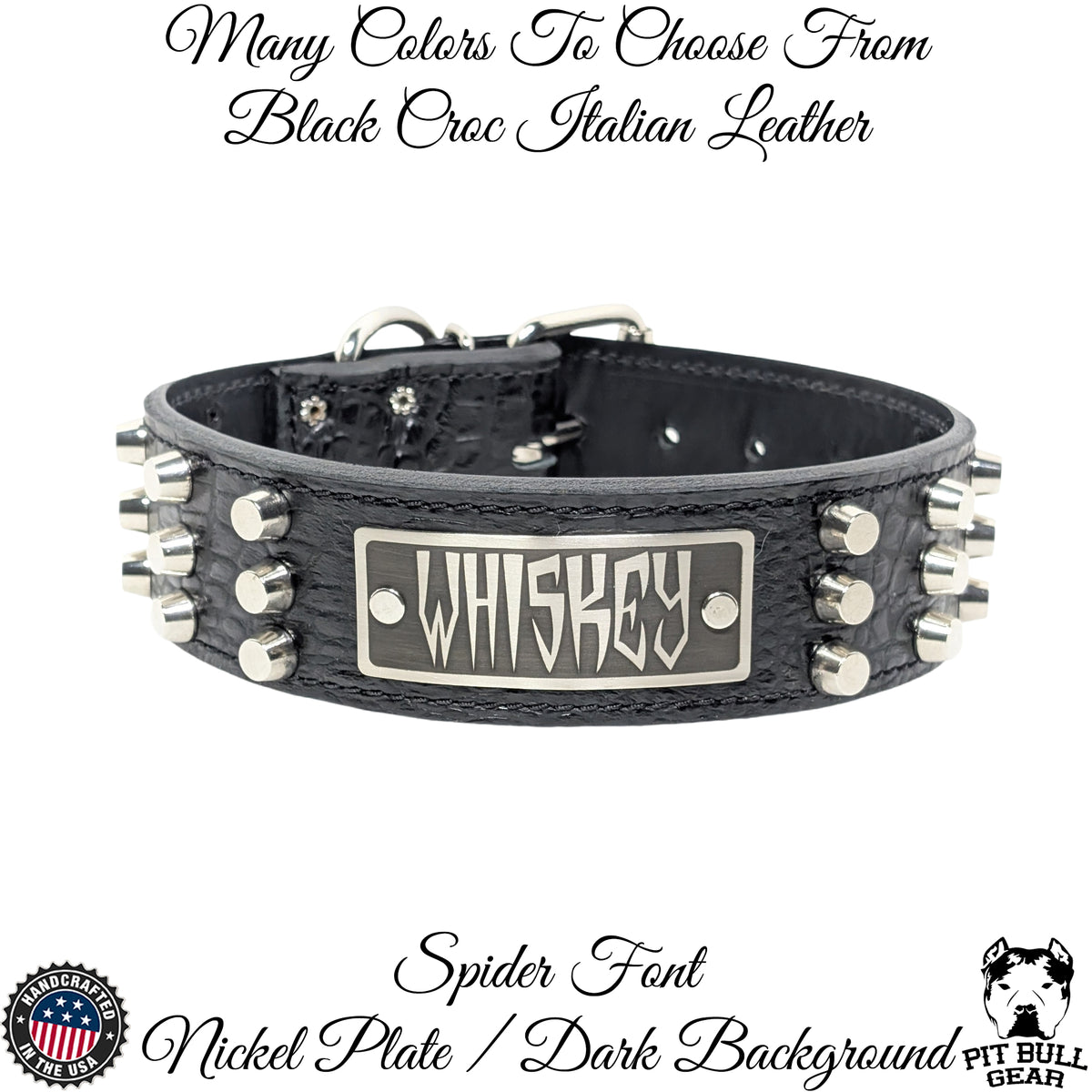 Black leather dog collar with spikes and a personalized nameplate on a white background.