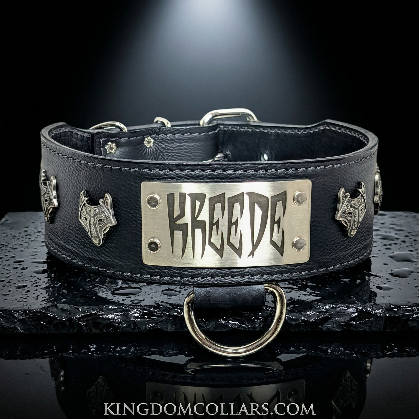 X38 - 2.5"–3" Wide Personalized Italian Leather Viking Wolf Collar | Viking Wolf Conchos