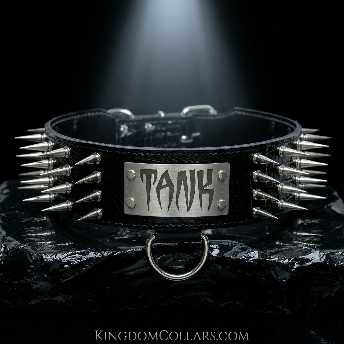 X54 - 2.5"–3" Wide Personalized Italian Leather Spiked Dog Collar | Tree Cone Spikes