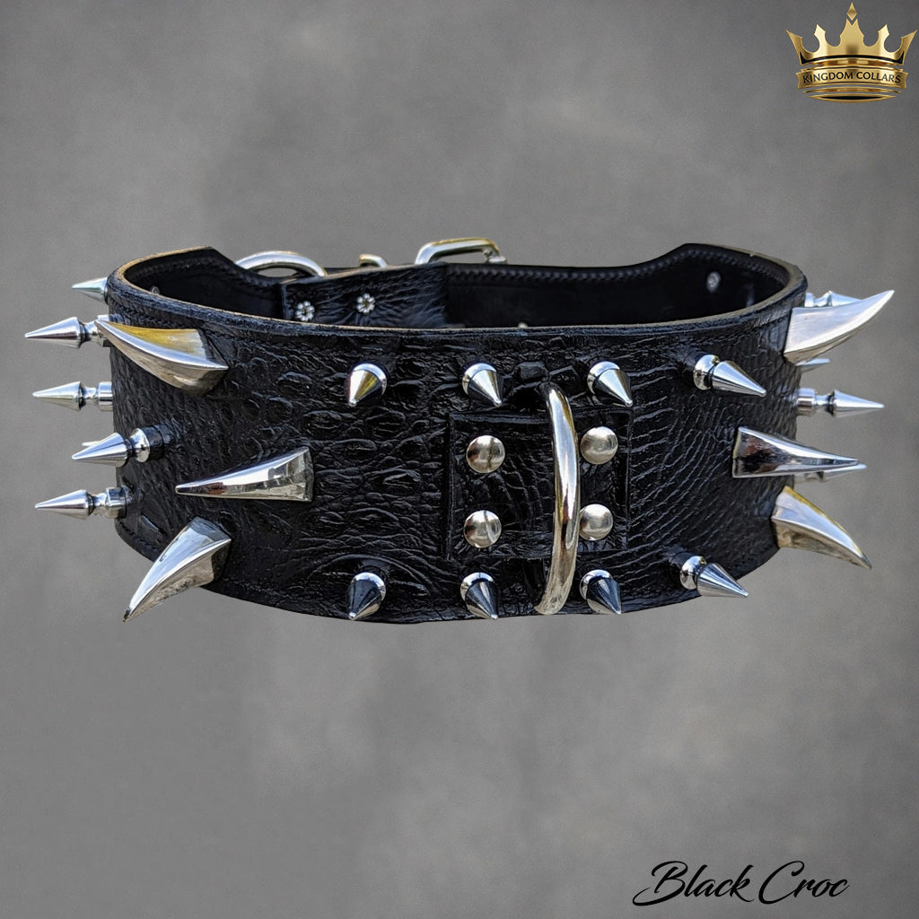 XC30 – 2.5"–3" Wide Italian Leather Spiked Dog Collar | Dragon Claw & Tree Spikes