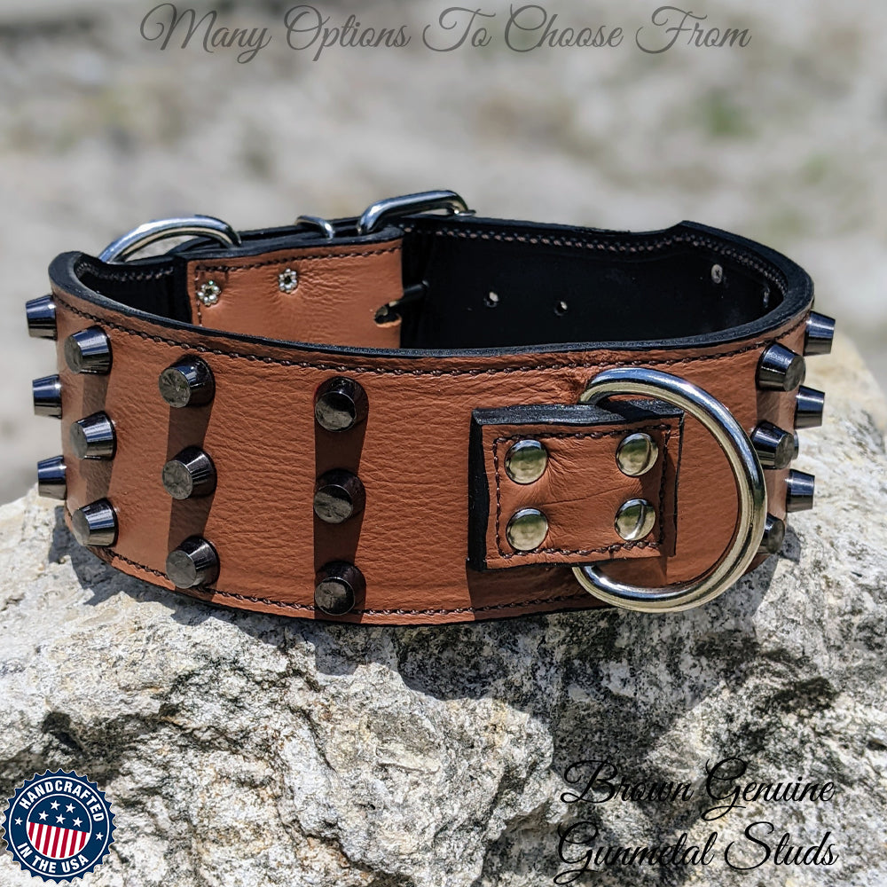 J14 - Collar para perros de cuero tachonado con forma de cubo de 2,5" de ancho