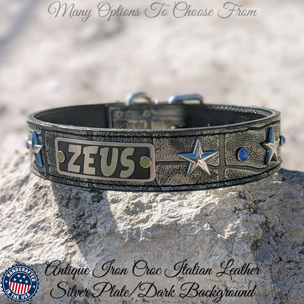 V42 - Collar de cuero para perro personalizado con estrellas de 1,5" de ancho y gemas