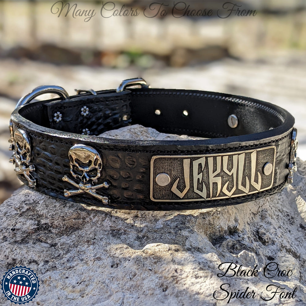 VN47 - Collar de cuero personalizado para perros de 1,5" de ancho con calavera y huesos cruzados