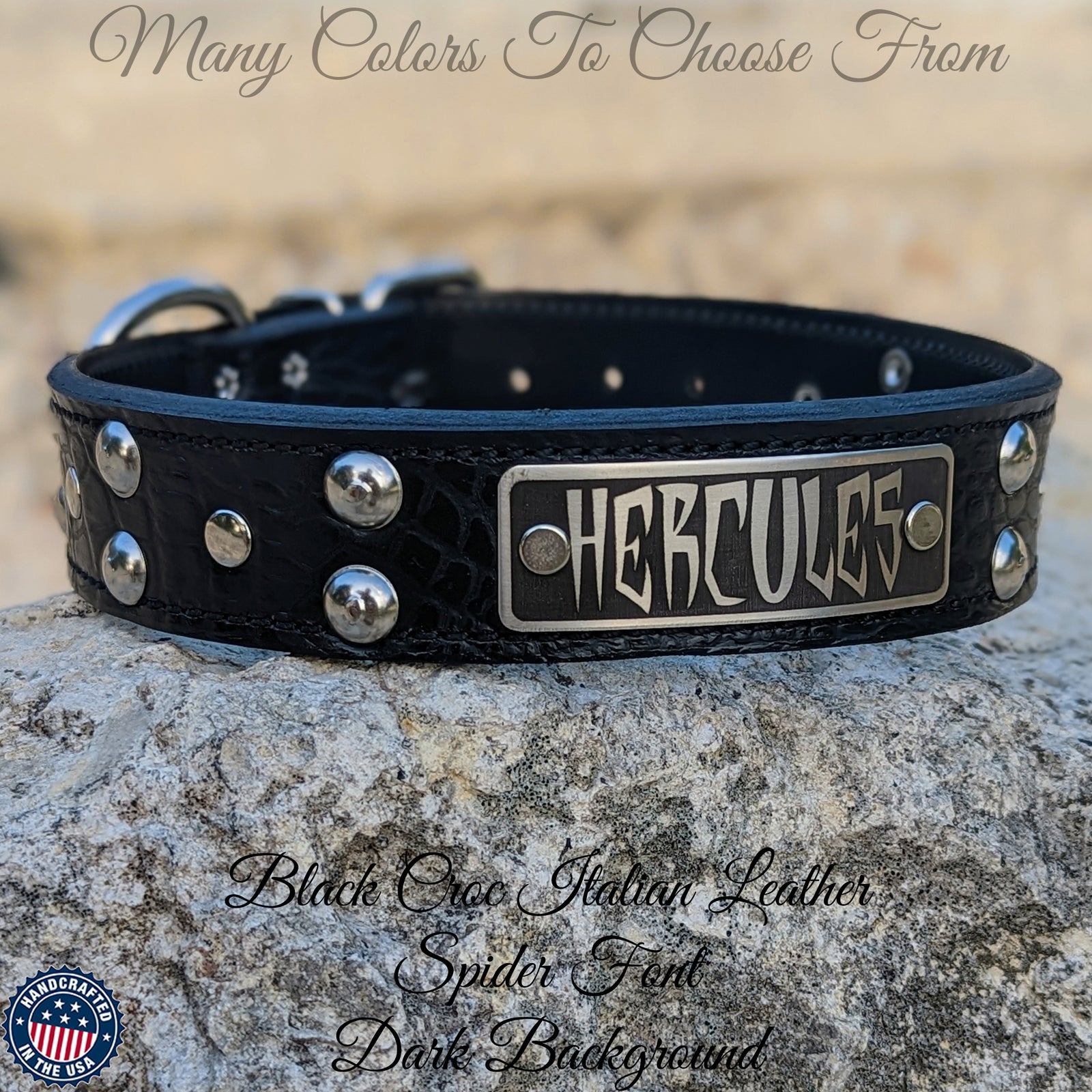 N10 - Collar de cuero para perro de 1,5" de ancho con placa de identificación personalizada y tachuelas