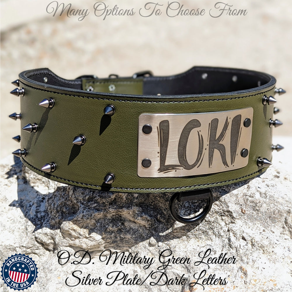 NX1 - Collar de cuero con pinchos y placa de identificación personalizada para perros - 3" de ancho