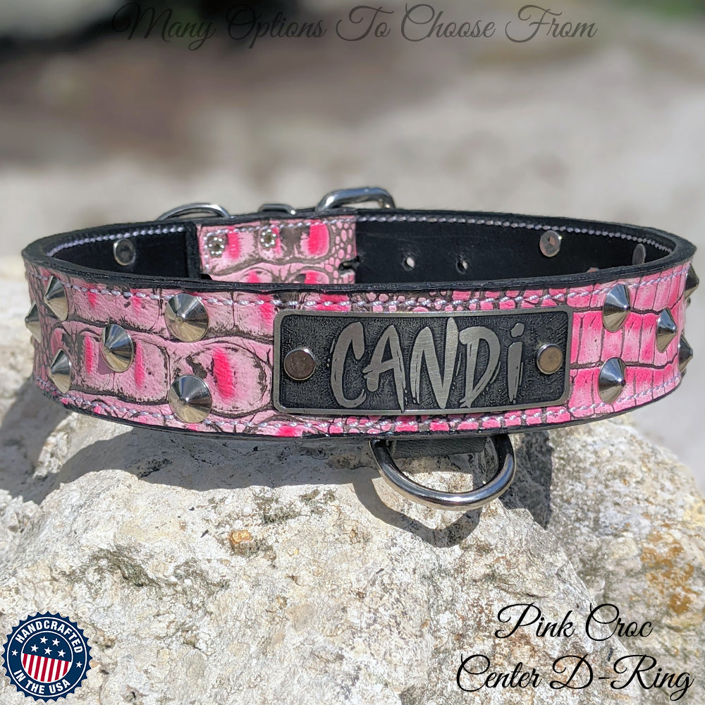 VN1 - 1.5" Wide Personalized Leather Dog Collar with Cone Studs