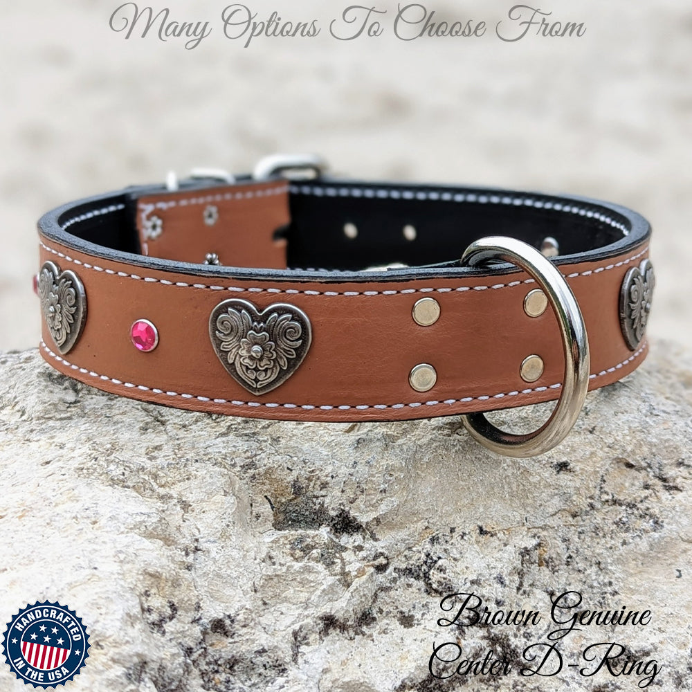 V28 - Collar de cuero con corazones y gemas de 1 1/2"