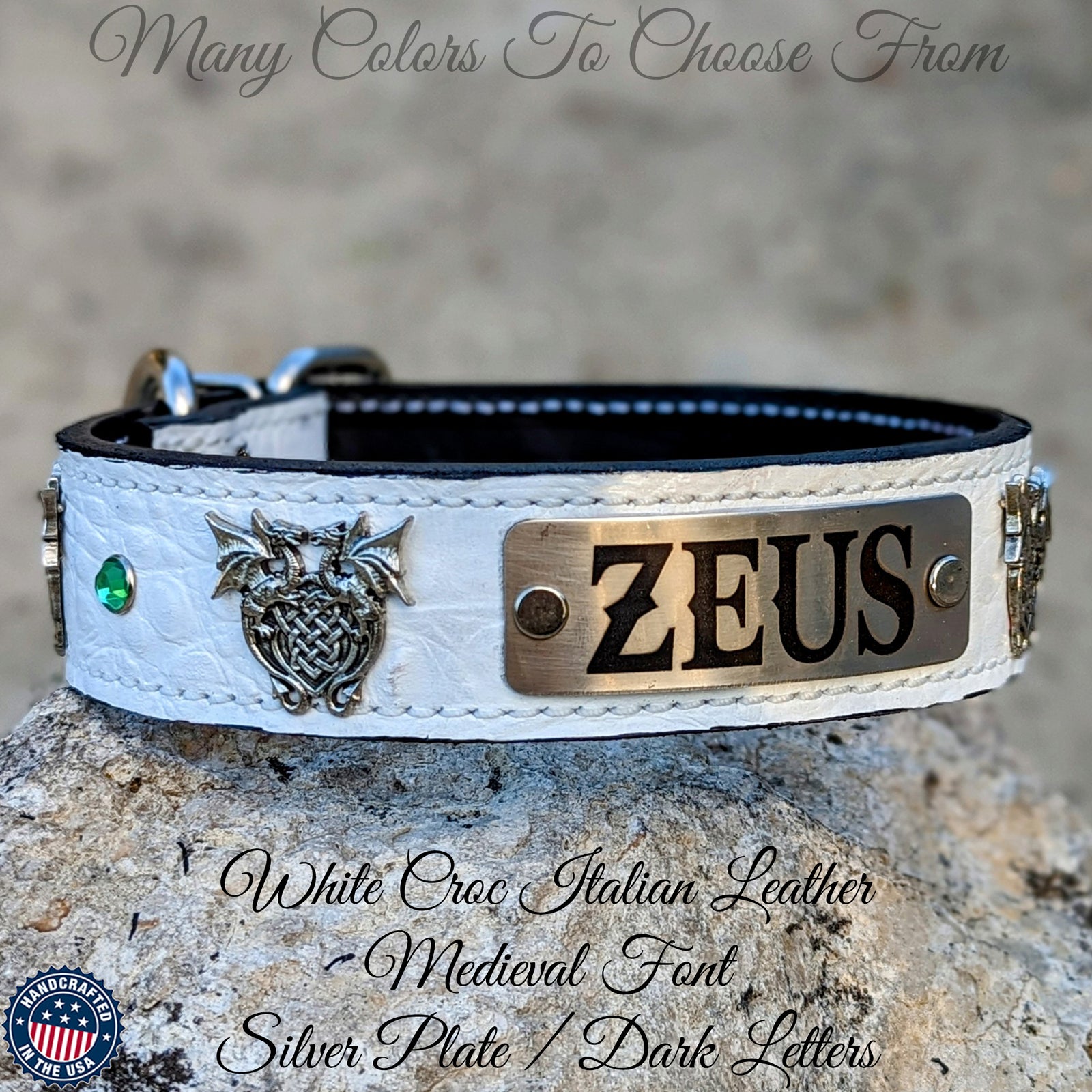 V30 - Collar de cuero para perro con placa de identificación de 1,5" de ancho y diseño de dragones y gemas