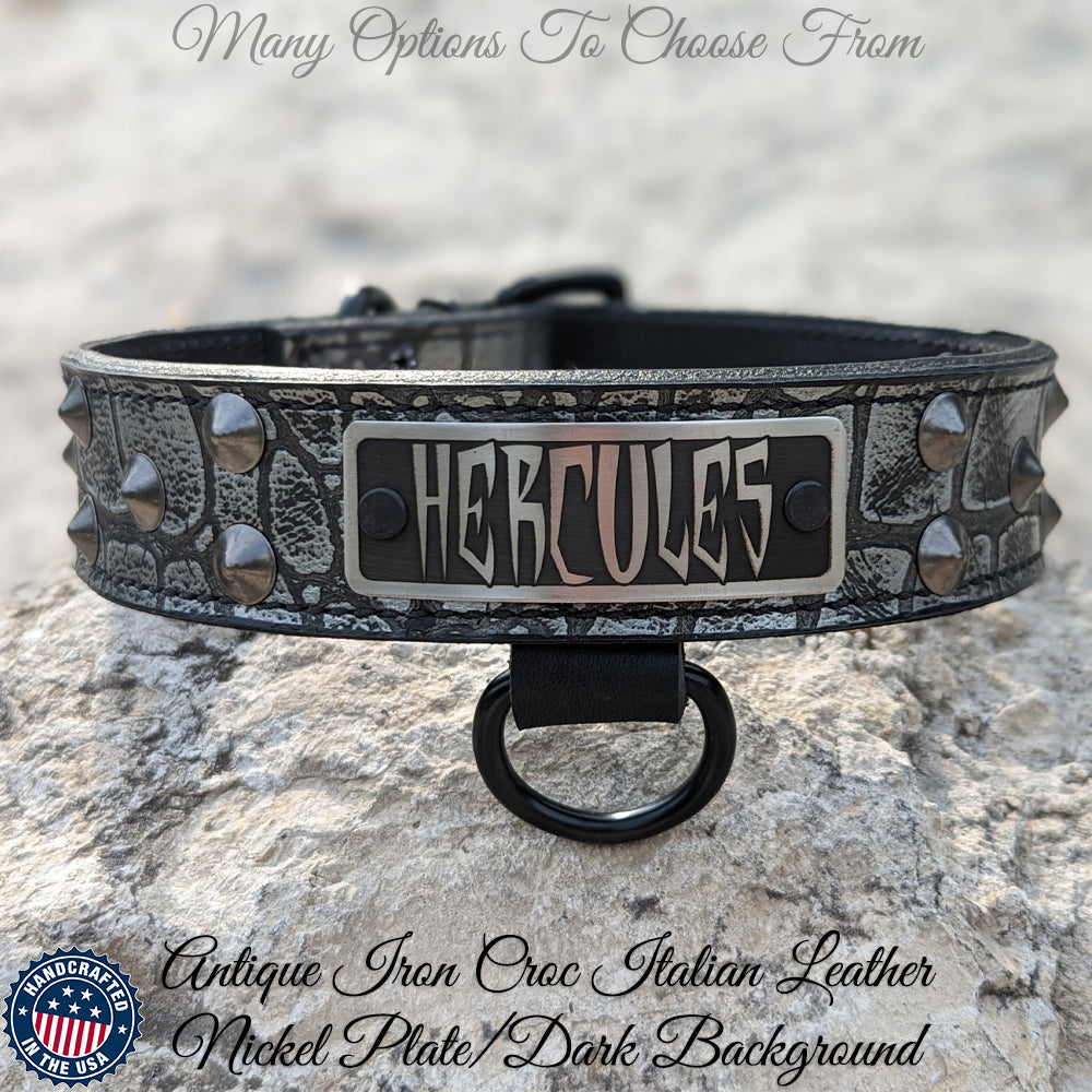 VN1 - 1.5" Wide Personalized Leather Dog Collar with Cone Studs