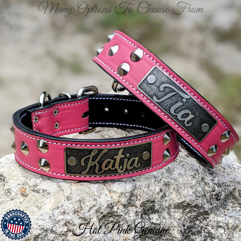 VN1 - 1.5" Wide Personalized Leather Dog Collar with Cone Studs