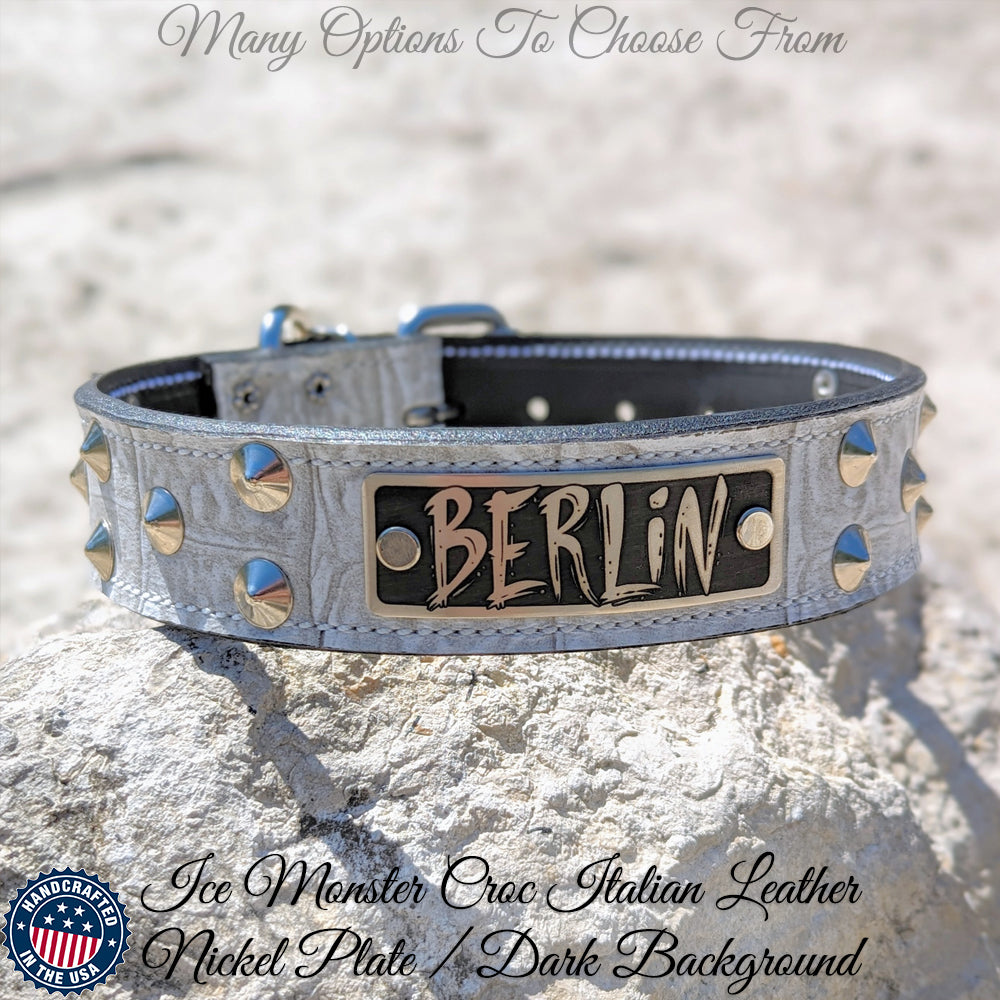 VN1 - 1.5" Wide Personalized Leather Dog Collar with Cone Studs