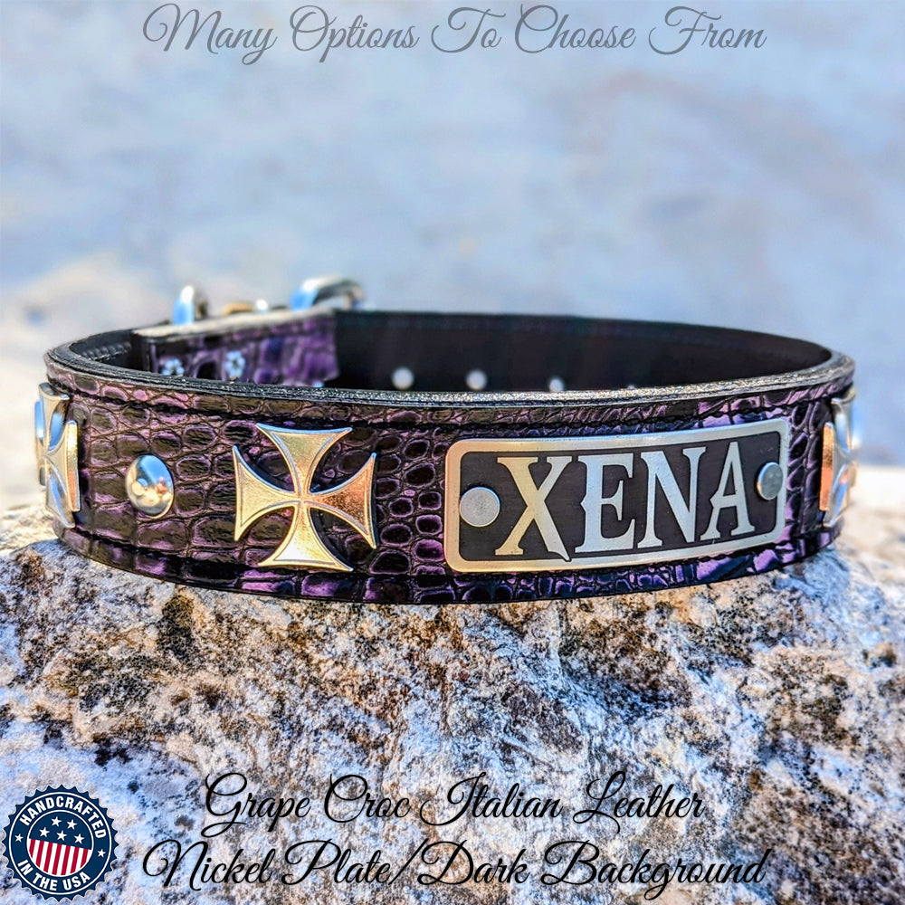 Collar de cuero para perro con placa de identificación personalizada y cruz de hierro de 1,5" de ancho - VN48
