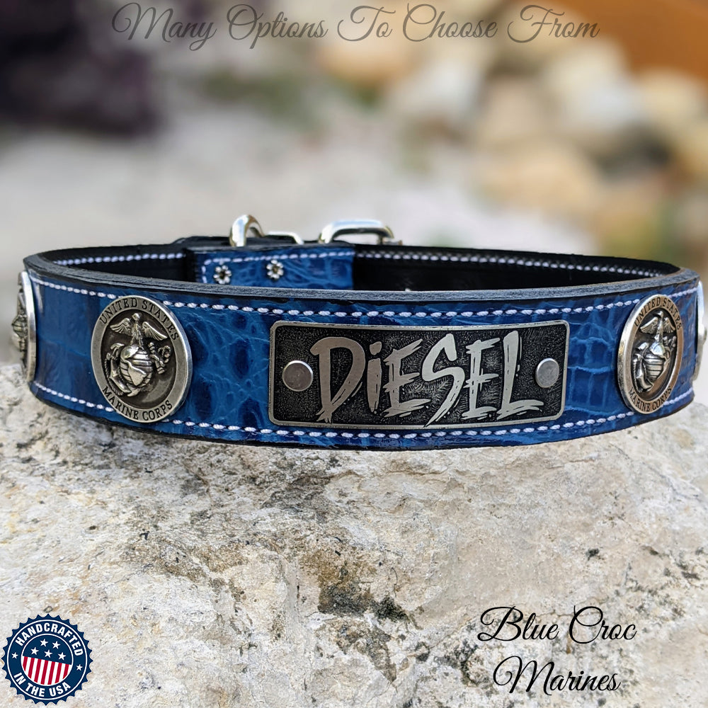 VN76 - Collar de cuero militar personalizado para perros de 1 1/2"