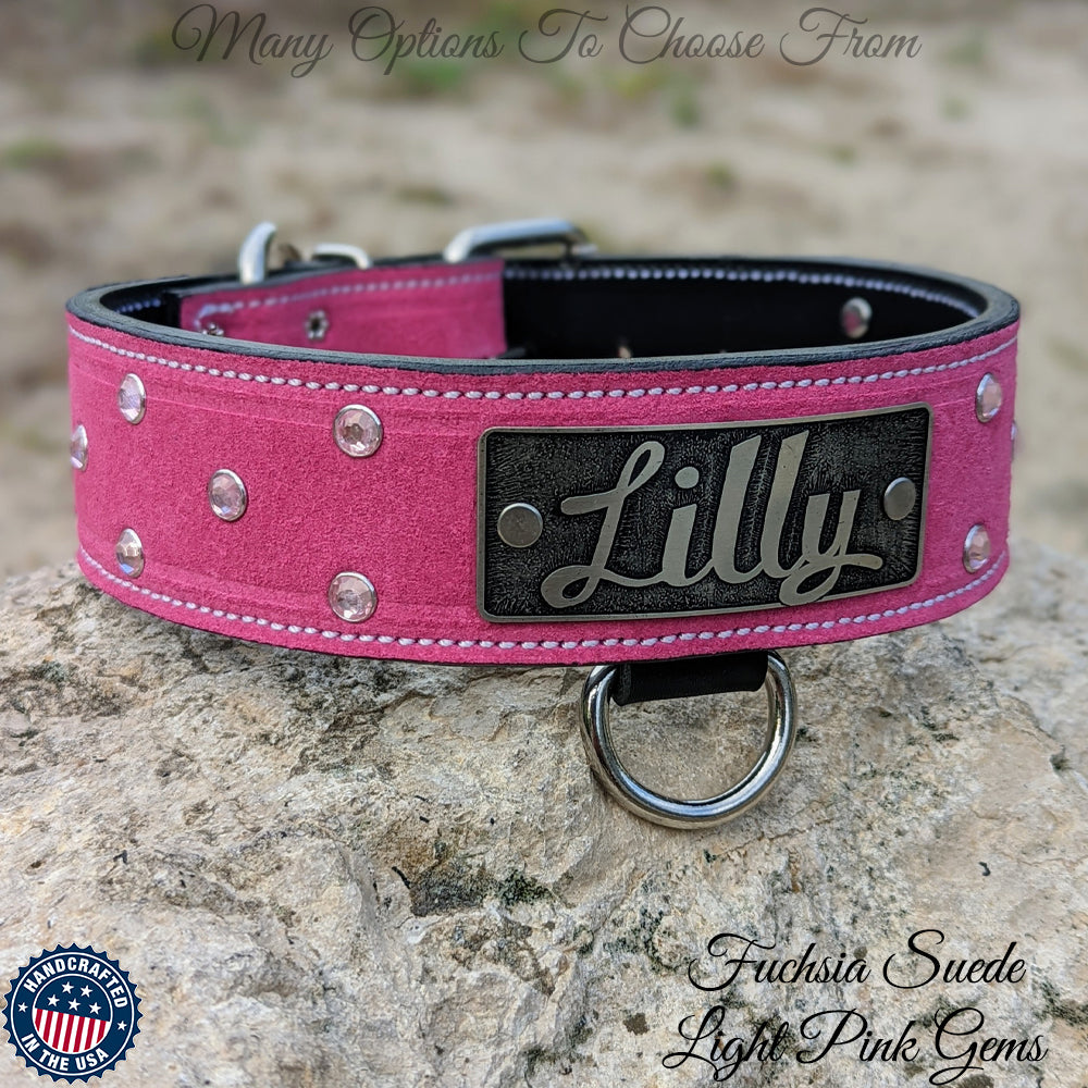 Collar de cuero personalizado para perros de 2" con gemas