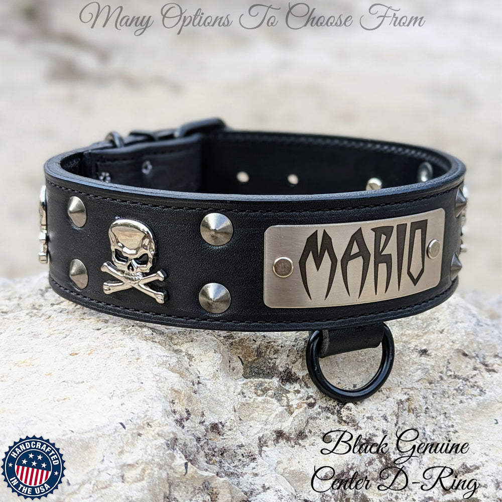 W27 - Personalized Leather Dog Collar w/ Skulls &amp; Studs - 2"