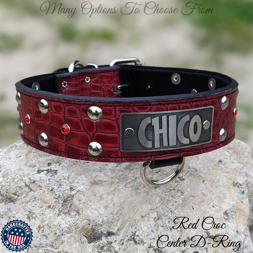 W43 - Collar de cuero para perro de 2" de ancho con placa con nombre, tachuelas y gemas