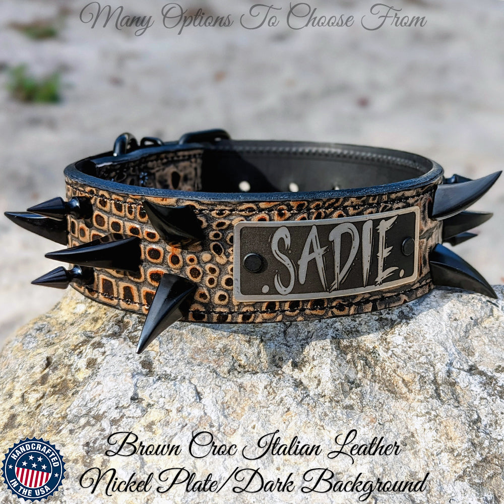 WN14 - Collar de cuero para perros de 2" de ancho con púas y placa con nombre