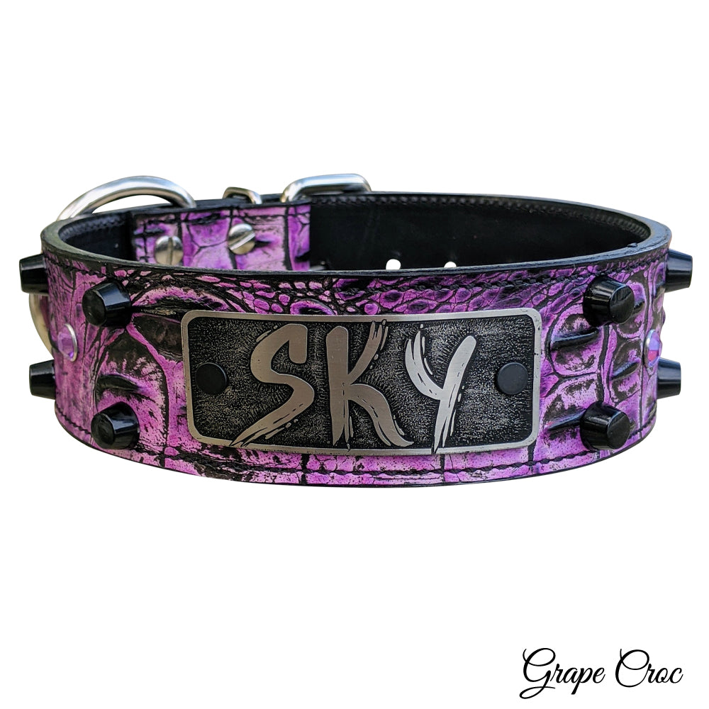 WN7 - Collar de cuero personalizado para perros de 2" con tachuelas y gemas