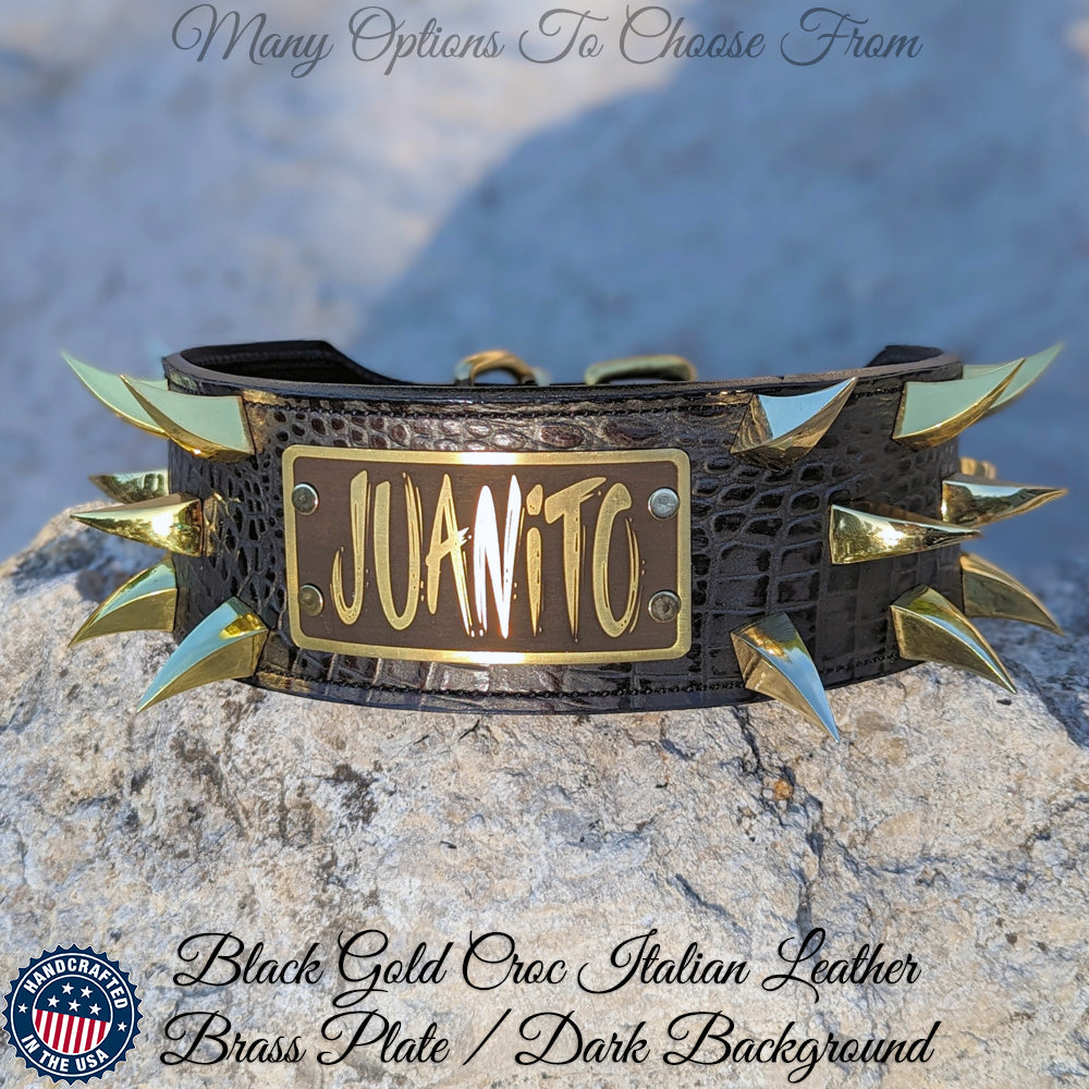 A personalized 3-inch wide leather dog collar with spikes and a brass plate displaying the name 'juanito'. The collar is on a rock, and the leather appears to be black with gold details.