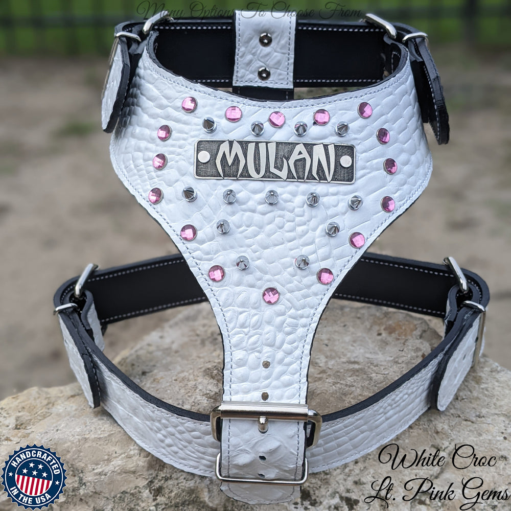 NH6 - Leather Dog Harness Personalized Name Plate Gems & Spikes