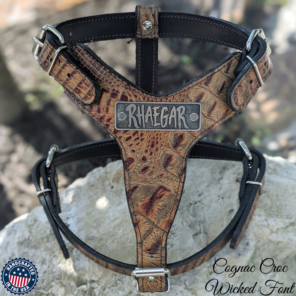 SNH1 - Custom Sport Cut Leather Dog Harness with Engraved Name Plate