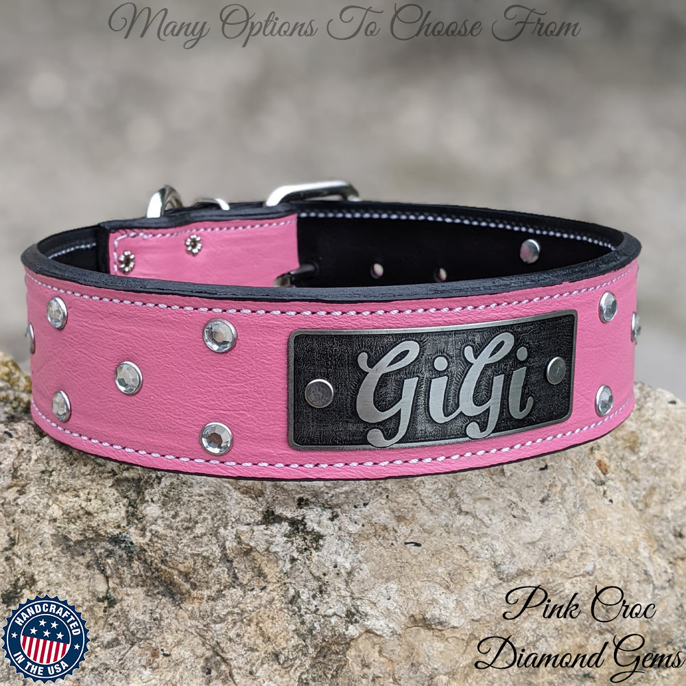 Collar de cuero personalizado para perros de 2" con gemas